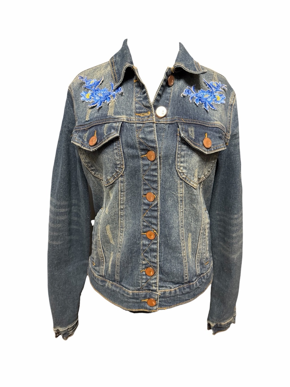 Ashley Mason Embroidered Patch Blue Floral Denim Jacket Size L